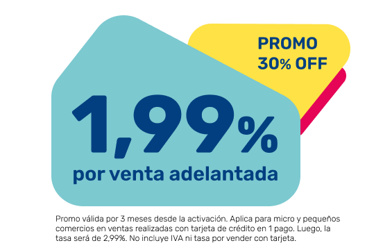 Promoción 30% off. Precio por venta adelantada 1,99%.