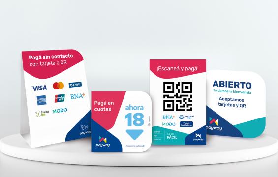 Piezas de señalización gratuitas de Payway para contar los medios de pago que aceptás